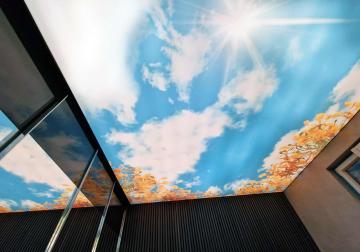 Lichtdecke mit bedrucktem Motiv, das einen sonnigen Himmel und Blumen darstellt