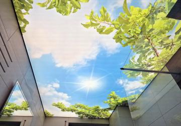 Lichtdecke im Badezimmer mit einem bedruckten Motiv von sonnigem Himmel und grünen Blättern